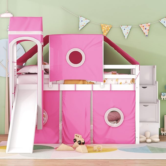 Designs House Loft Bed with Slide and Storage Stairs, Wood Kids Loft Bed with Tent and Tower