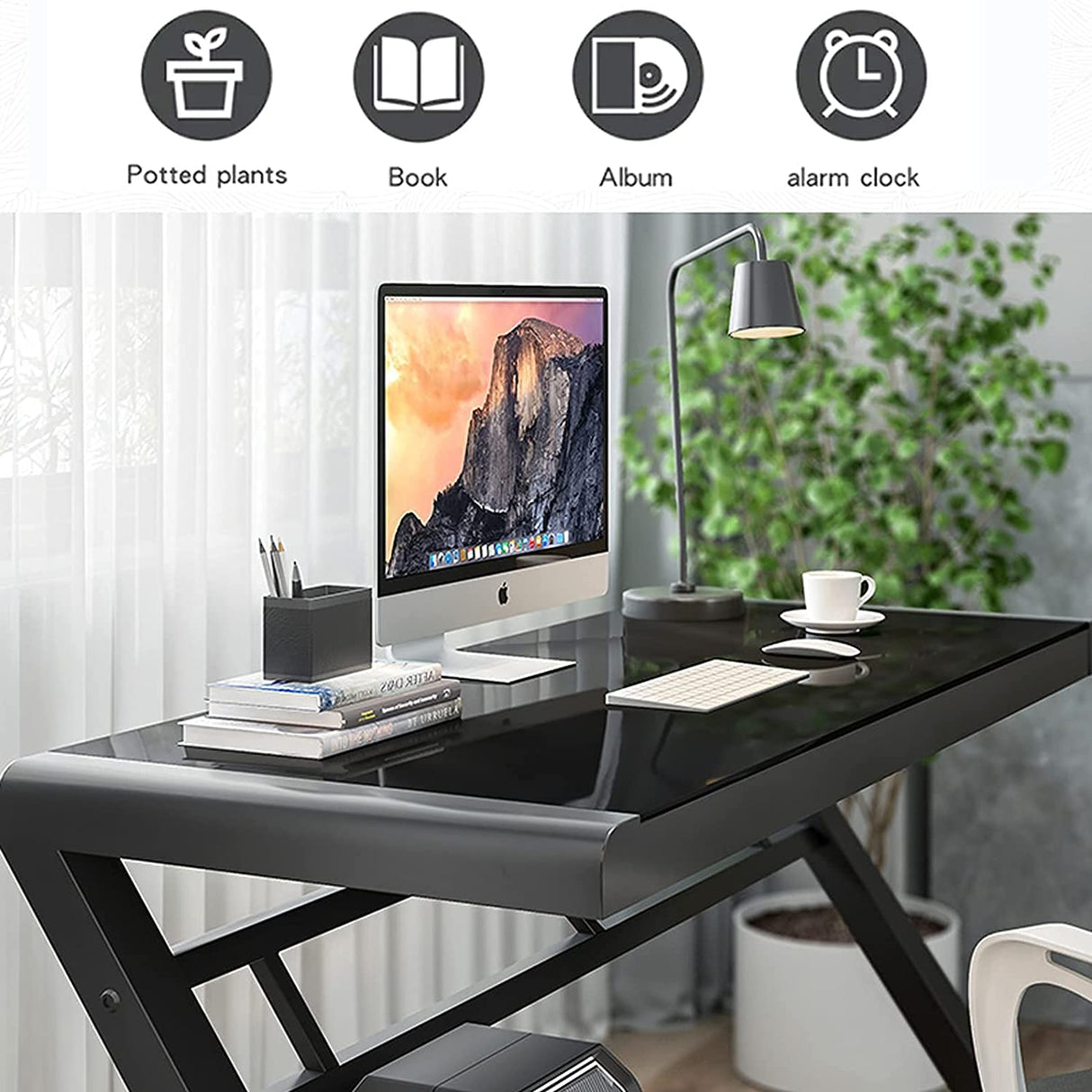 Computer Desk Home Office Desks, 55.1 Inch Modern Simple Office Black Glass