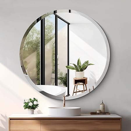 Frameless Round Mirror, 42 inch Beveled Bathroom Mirrors