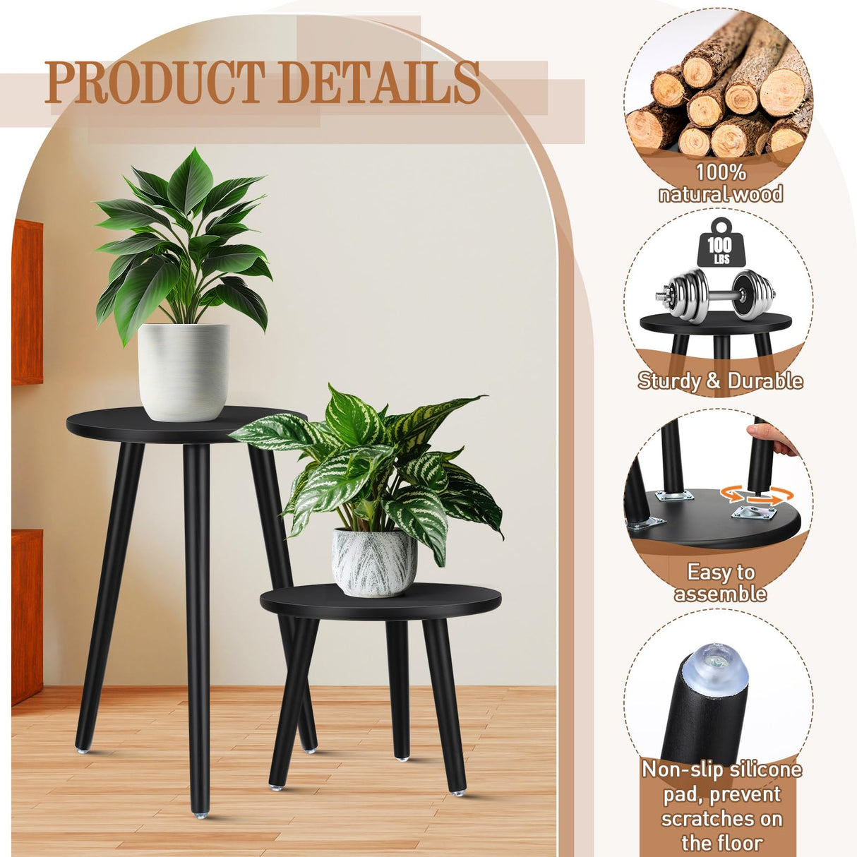 BriWoody Wooden Plant Stand – 2 Piece Indoor Decorative Table Set