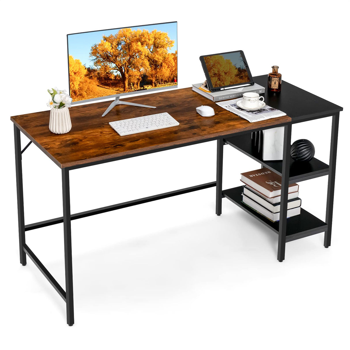 55” Computer Desk, Large Home Office Desk with 2-Tier Storage Shelves