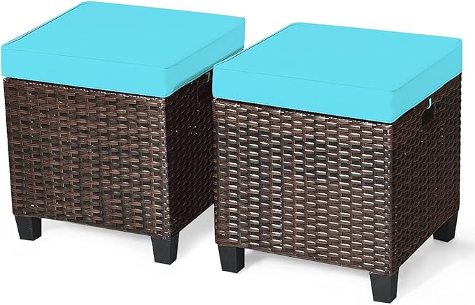 Outdoor Ottoman Set of 2, All Weather Rattan Wicker Patio Ottoman w/Removable