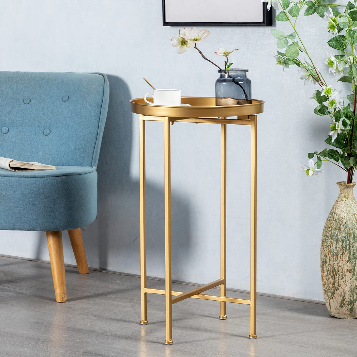 Small Round Metal Waterproof End Table, Accent Indoor&Outdoor Coffee Side Table