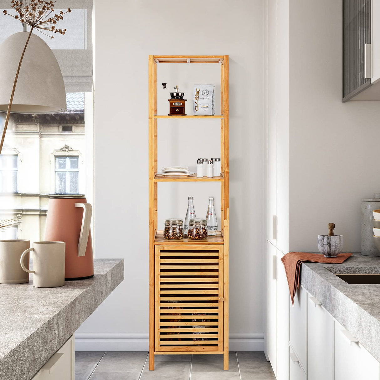 Tall Bamboo Cabinet, Slim Narrow Floor Storage Cabinet