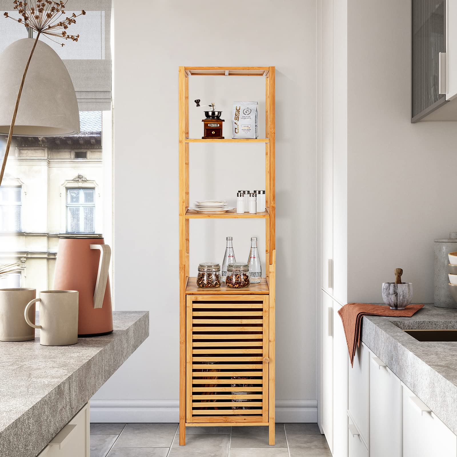 Tall Bamboo Cabinet, Slim Narrow Floor Storage Cabinet