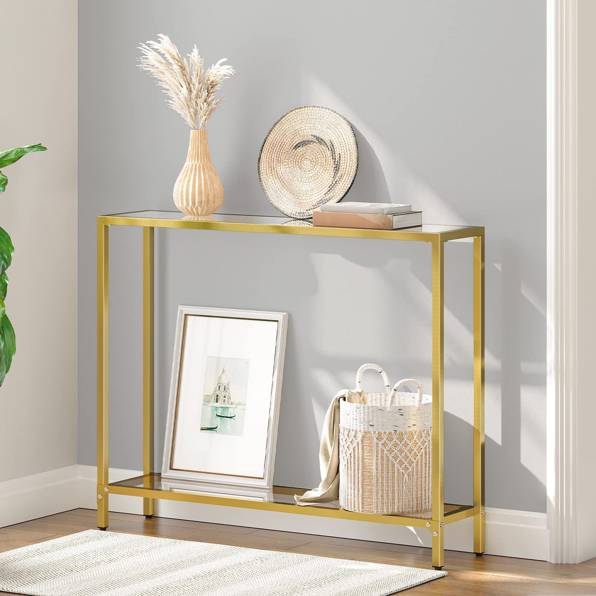 39.4" Gold Console Table, Tempered Glass Sofa Table, Modern Entryway Table