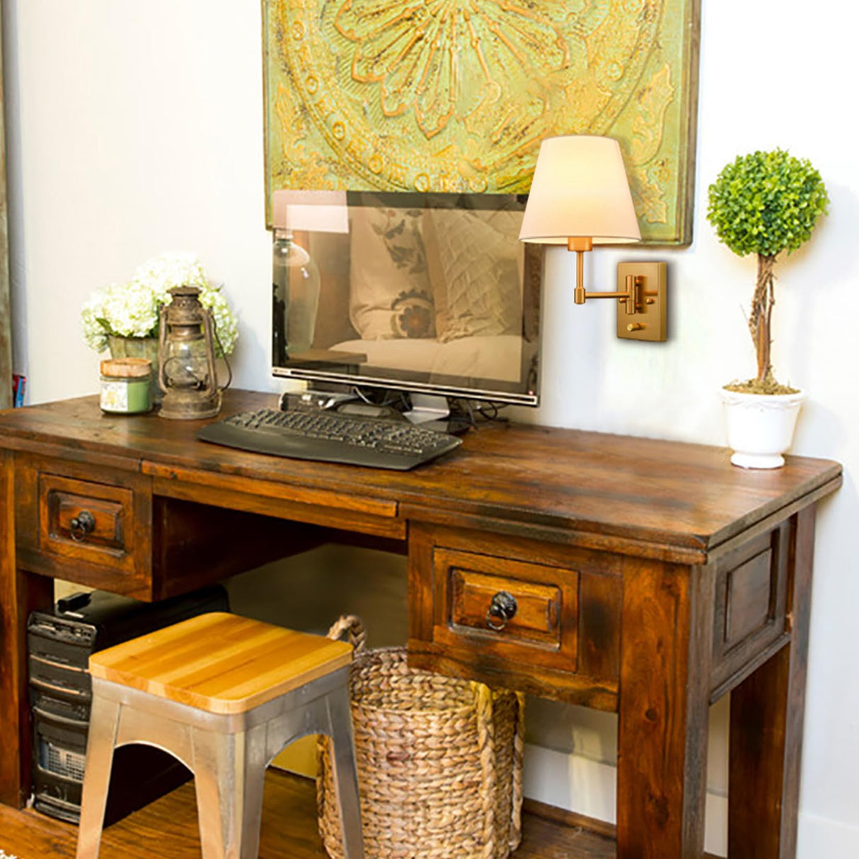 Gold Plug-in Wall Sconces Set of Two Beige Shade Brass Swing Arm Wall Lamp