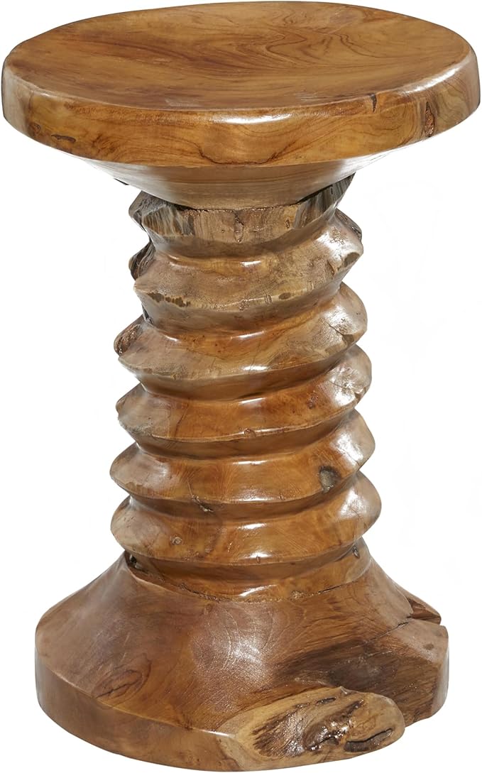 Teak Wood Handmade Live Edge Accent Table with Coiled Base, 13" x 13" x 19", Brown