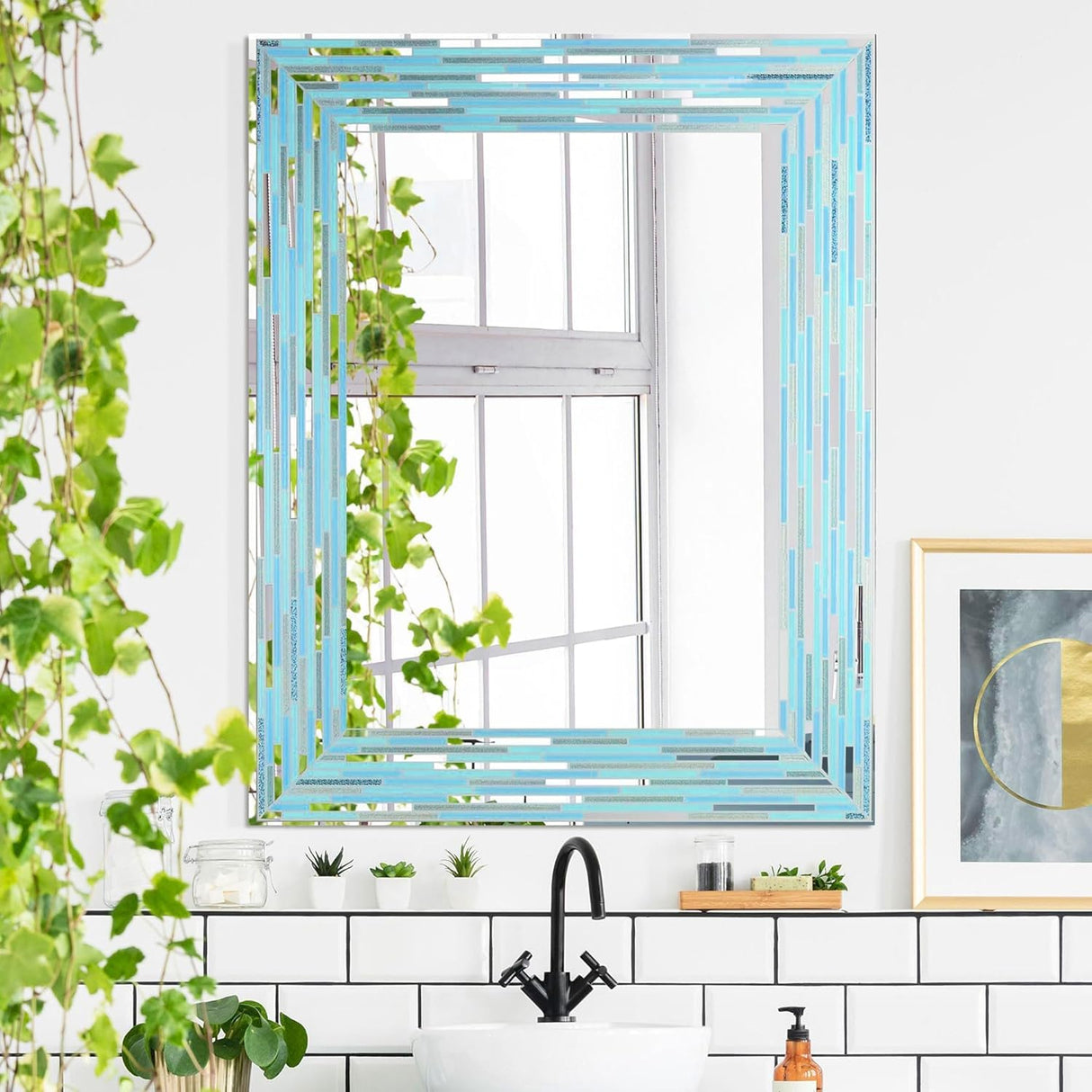 24"x30" Reeded Tiled Sea Glass Aqua Blue Vanity Mirror for Bathroom Wall