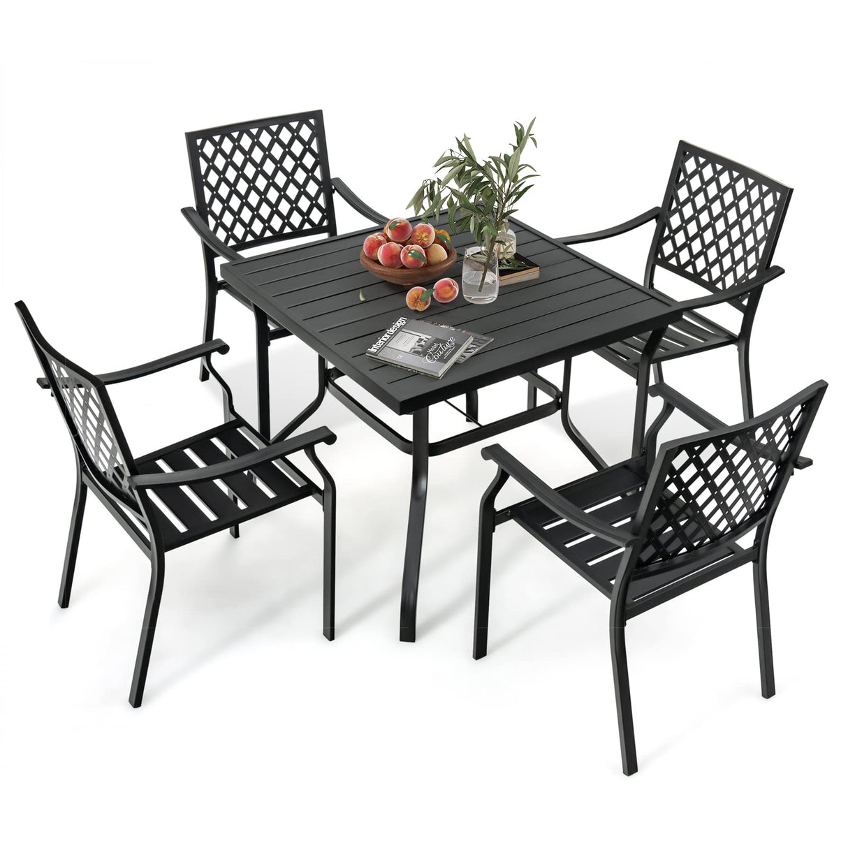 5 Pieces Metal Patio Dining Set, 37 Inches Square Dining Table with 4 Stackable Chairs