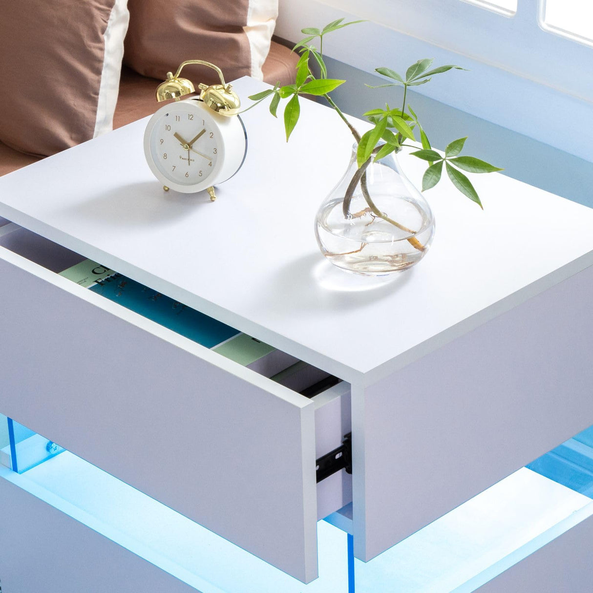 White Night Stand LED Nightstand with 2 Drawers Modern Bedside Tables for Bedroom