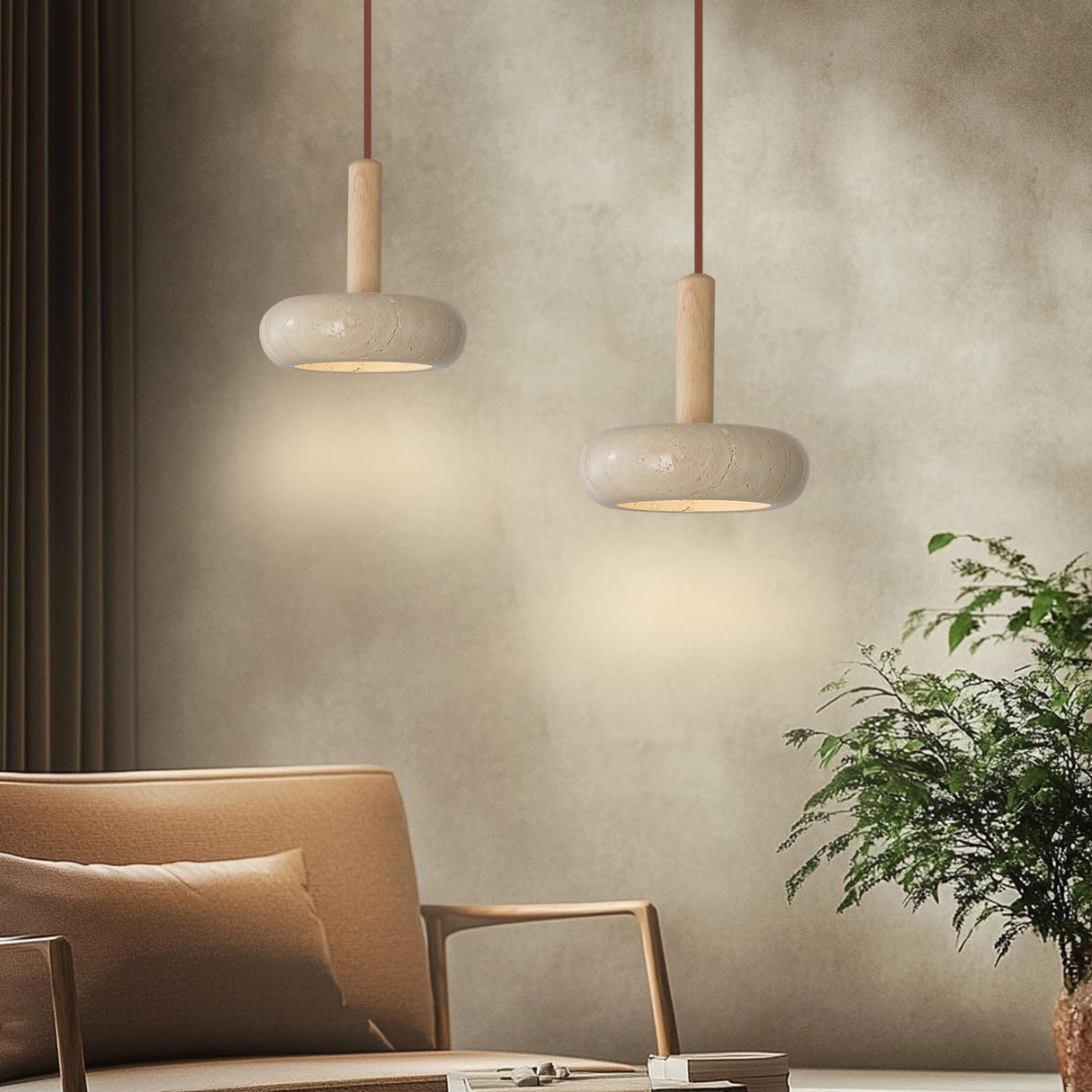 Wabi-sabi Style Pendant Light Round Natural Stone Shade Nordic Wood Chandelier Bedroom