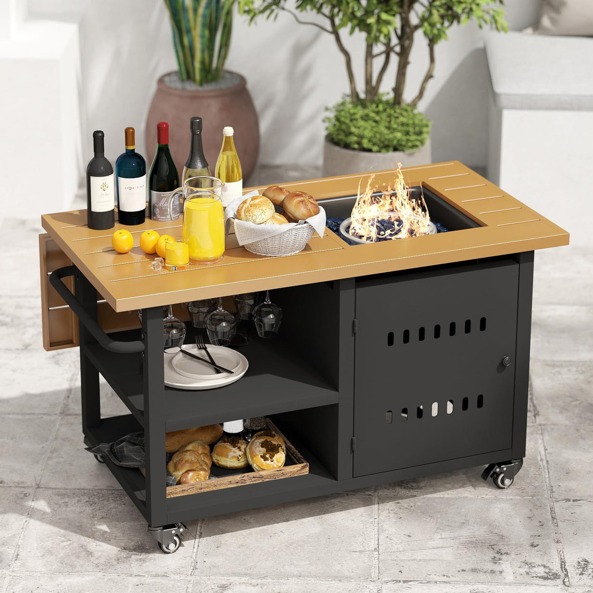 DAYAOUTDOOR Gas Fire Pit Table with Universal Wheels, 50000 BTU Patio Rectangular Firepit Tables with Handlebar, 44" Propane Fire Pit with Storage Space and Wine Glass Holder for Outdoor, Deck, Black - Bircata