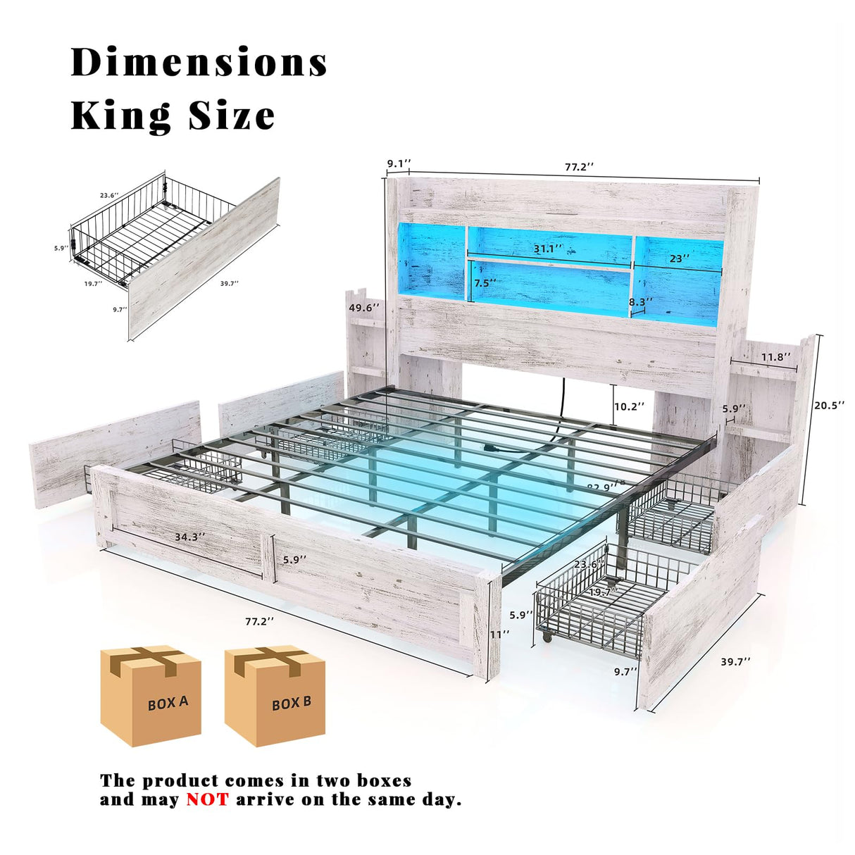 King Bed Frame with 49.6" Bookcase Headboard & 2 Detachable Bedside Stoage Racks