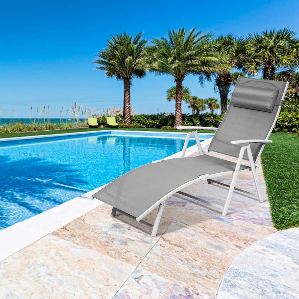 Outdoor Folding Chaise Lounge Chair, Lightweight Recliner Chair w/ 7 Adjustable Backrest Positions