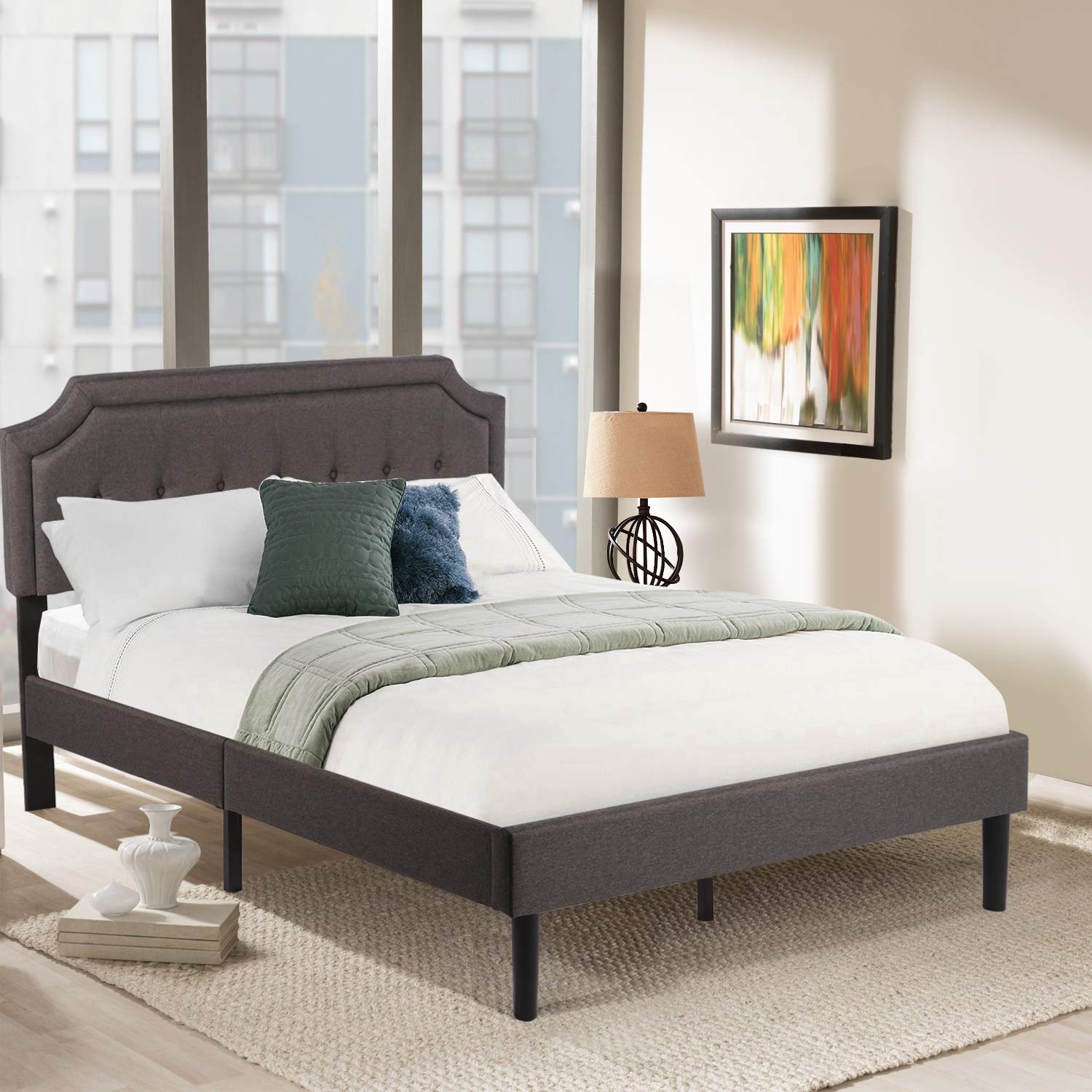 Premium Upholstered Platform Bed Diamond Stitched Panel Headboard