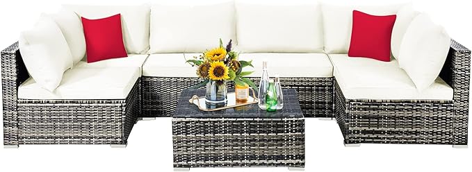 7 Pieces Patio Furniture Set, Patiojoy All-Weather Outdoor Rattan Sectional Sofa Set