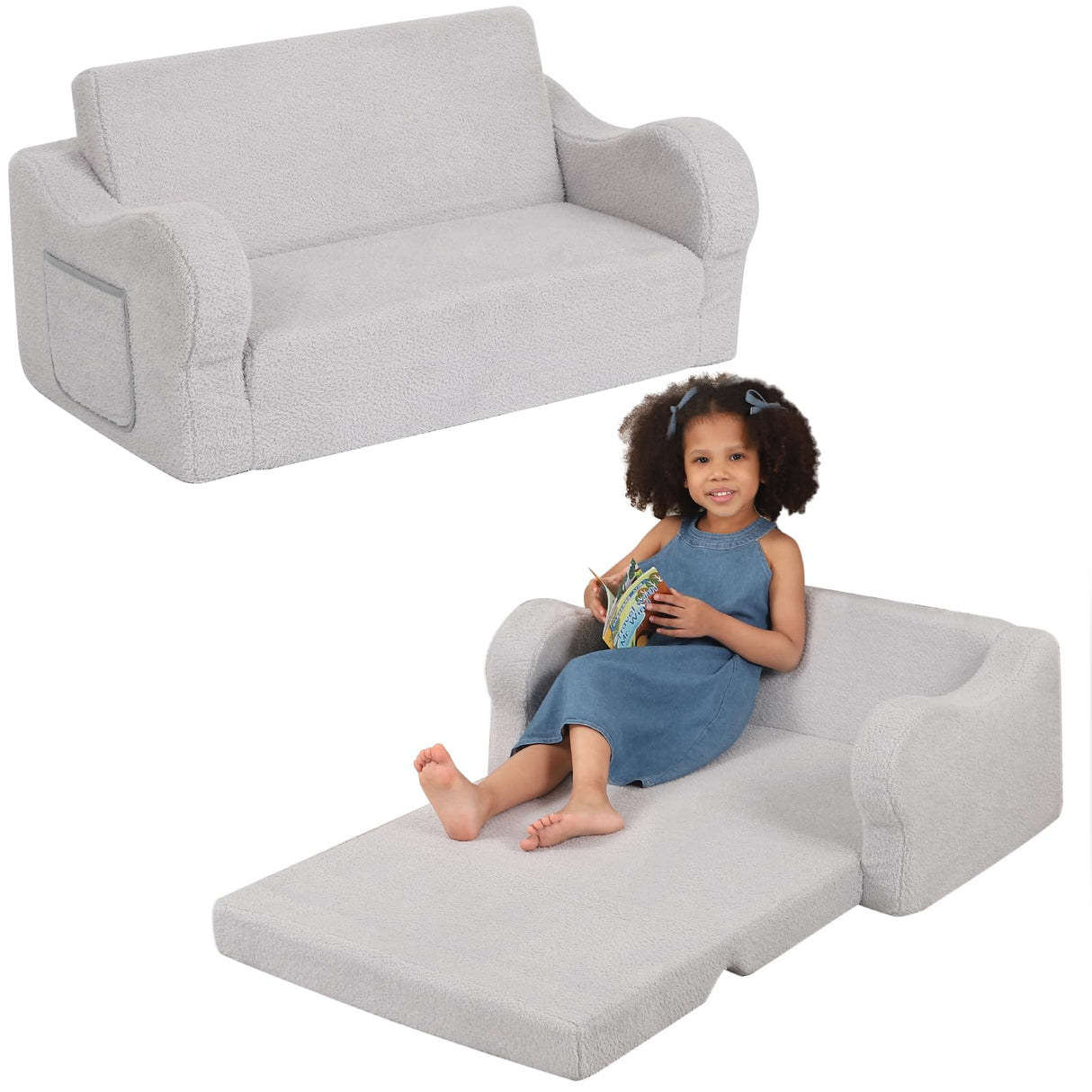 Extra Wide Toddler Chair, 2-in-1 Toddler Couch Fold Out, Convertible Sherpa Sofa to Lounger for Boys & Girls