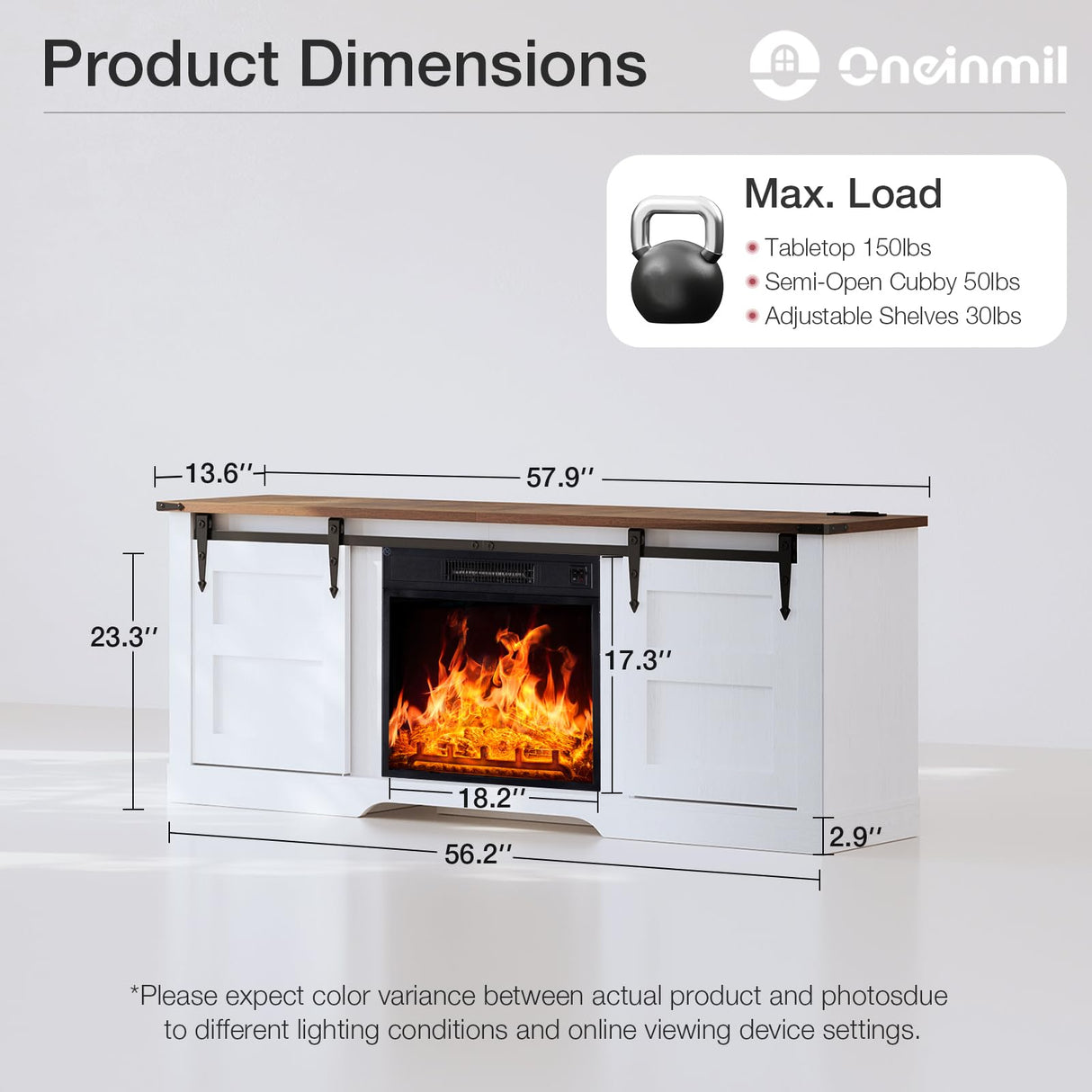 Fireplace TV Stand with 18” Electric Fireplace, 58” TV Console Stand