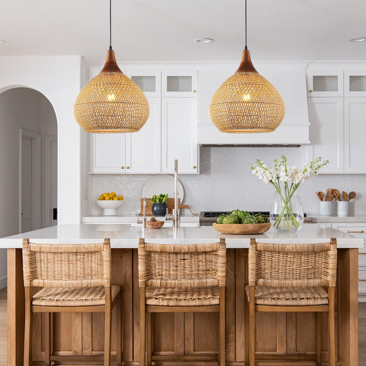 Karjearl Rattan Pendant Light, 15.7" Rattan Chandelier Hand-Woven Boho Pendant Light Fixtures with Solid Wood, Basket Wicker Chandelier for Dining Room Kitchen Island Living Room