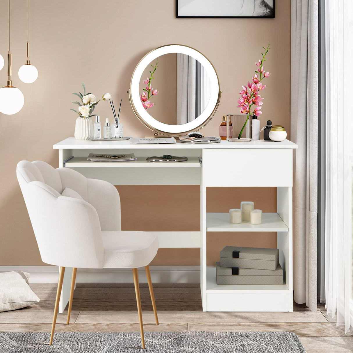 White Desk with Drawer, Wooden Computer Desk with Pull-Out Keyboard Tray & Adjustable Storage Shelves
