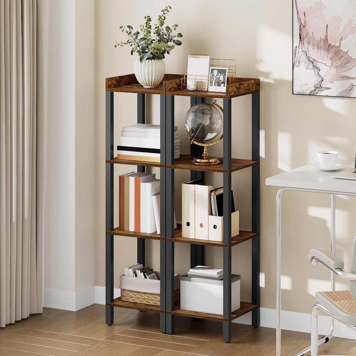 Small Bookcase, Industrial Style Bookshelf for Narrow Spaces, 4-Tier Square Book Shelf Stand, Wooden Storage Rack Display Shelf, Corner Shelf for Living Room, Rustic Brown and Black BF08CJ01