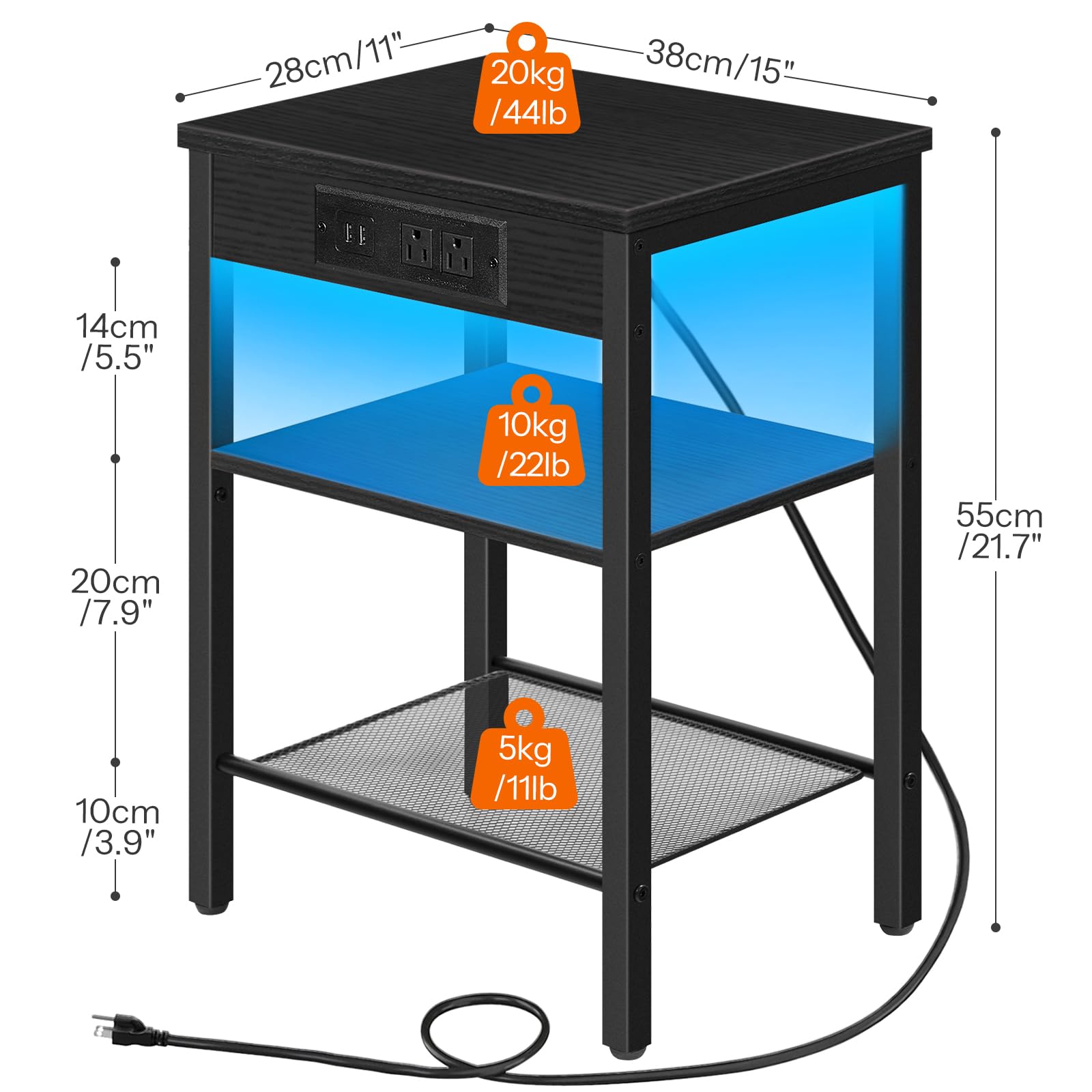 Side Table with Charging Station and LED Lights, Small End Table with Storage Shelves
