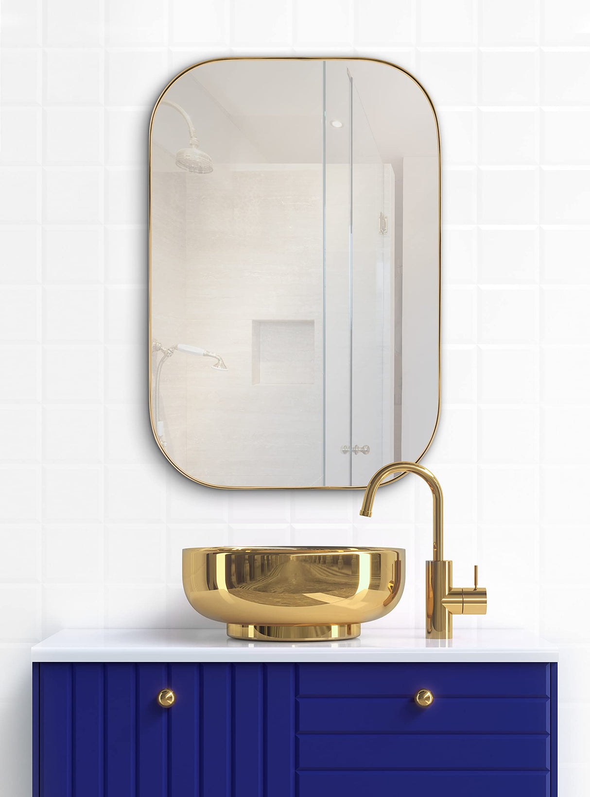 Rollo Midcentury Rounded Rectangle Mirror, Gold, Modern Metal Framed Mirror