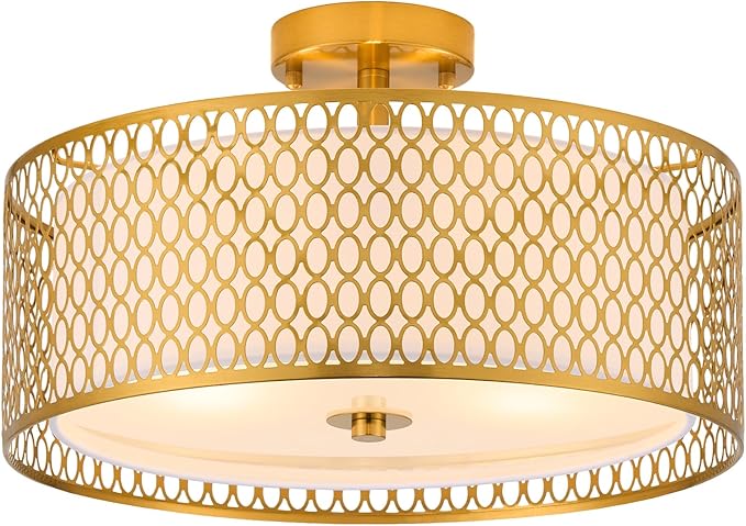16" Semi Flush Mount Ceiling Light Fixture, 3-Light Golden Metal Mesh Drum Ceiling Light
