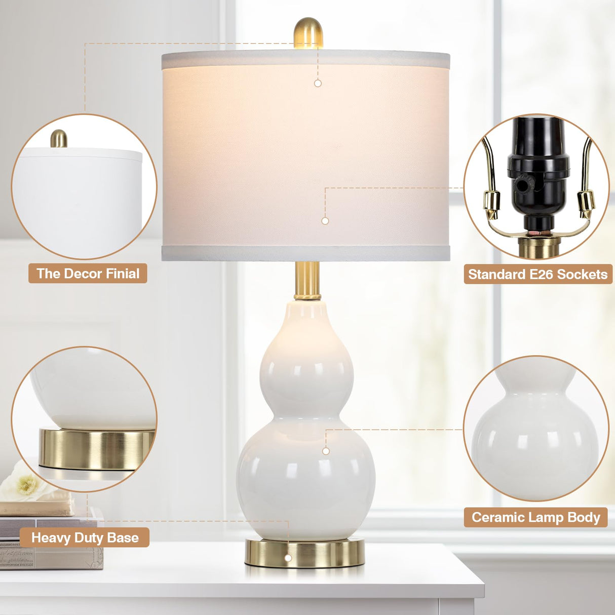 Double Gourd Ceramic Table Lamps Set of 2, Modern White Bedside Lamps for Night Stand