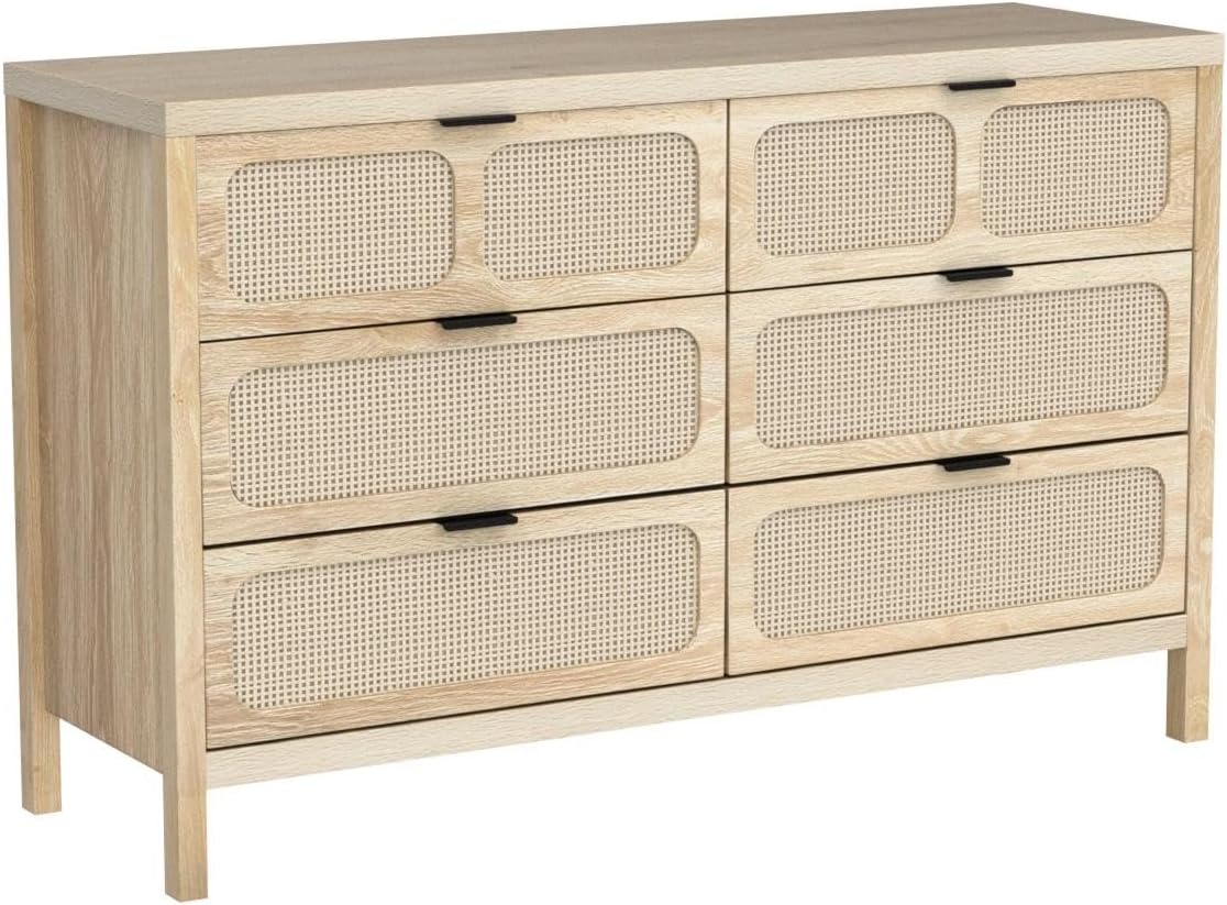 6 Drawer Dresser for Bedroom, Rattan Dresser Drawer Organizer with