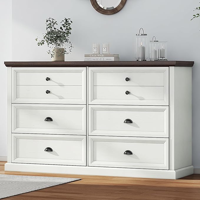 58 Inch Wide Farmhouse 6 Drawer Dresser for Bedroom, Modern Bedroom Dresser