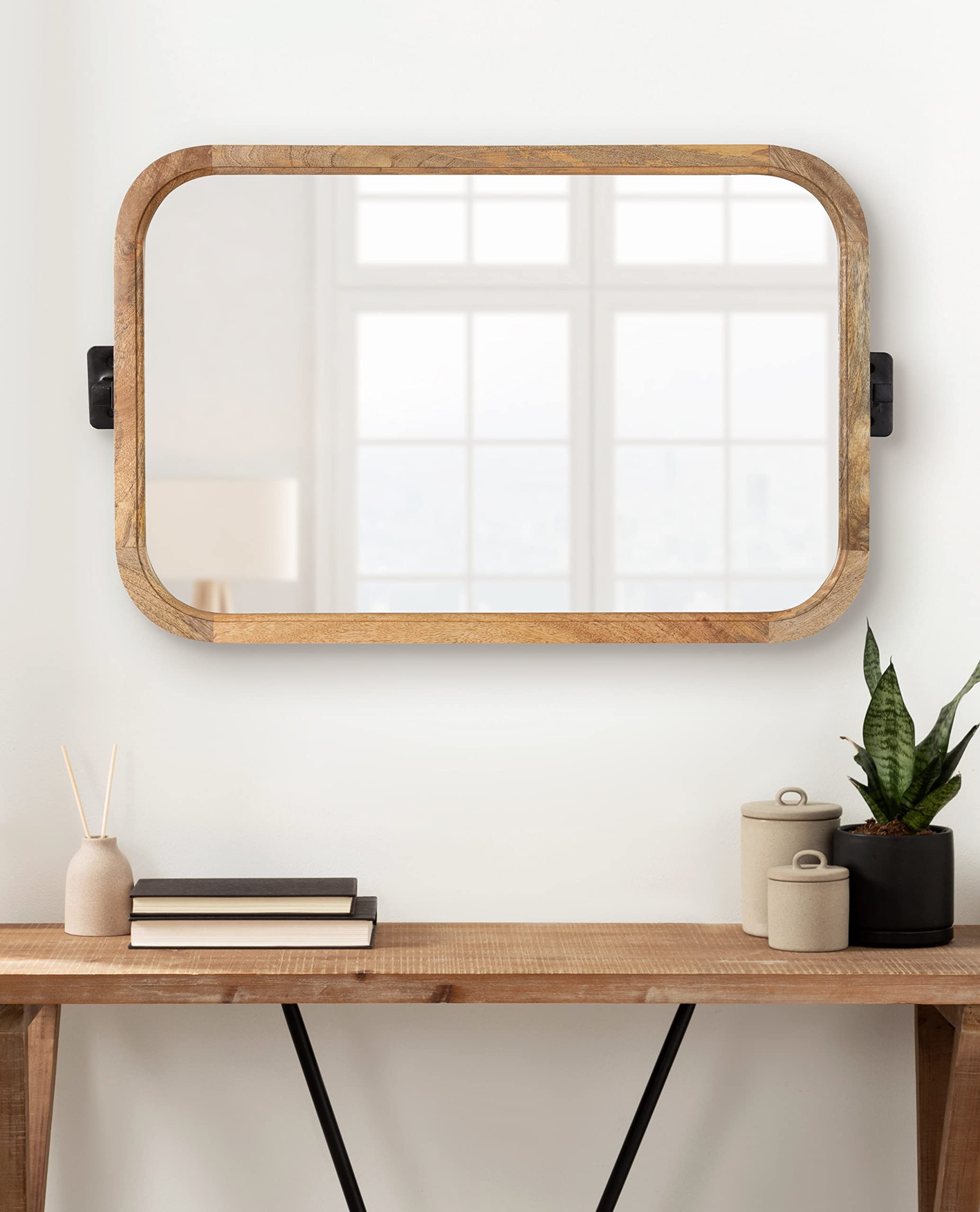 Hogan Wood Rounded Rectangle Pivot Mirror, 20 x 33, Natural Brown Wood
