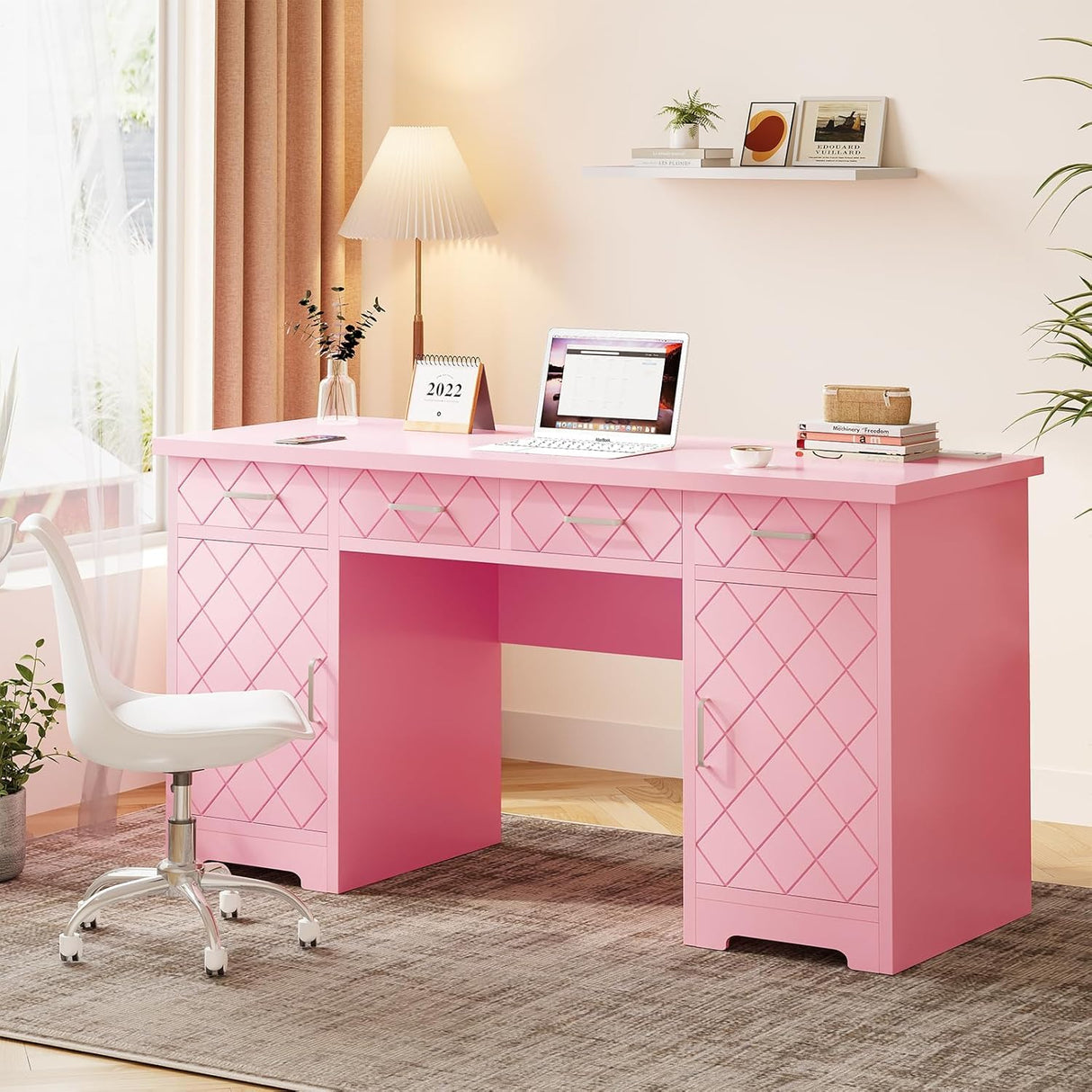 55" " Modern Executive Desk with Storage, Wood Computer Desk with Cabinet and Drawers Home Office Desk