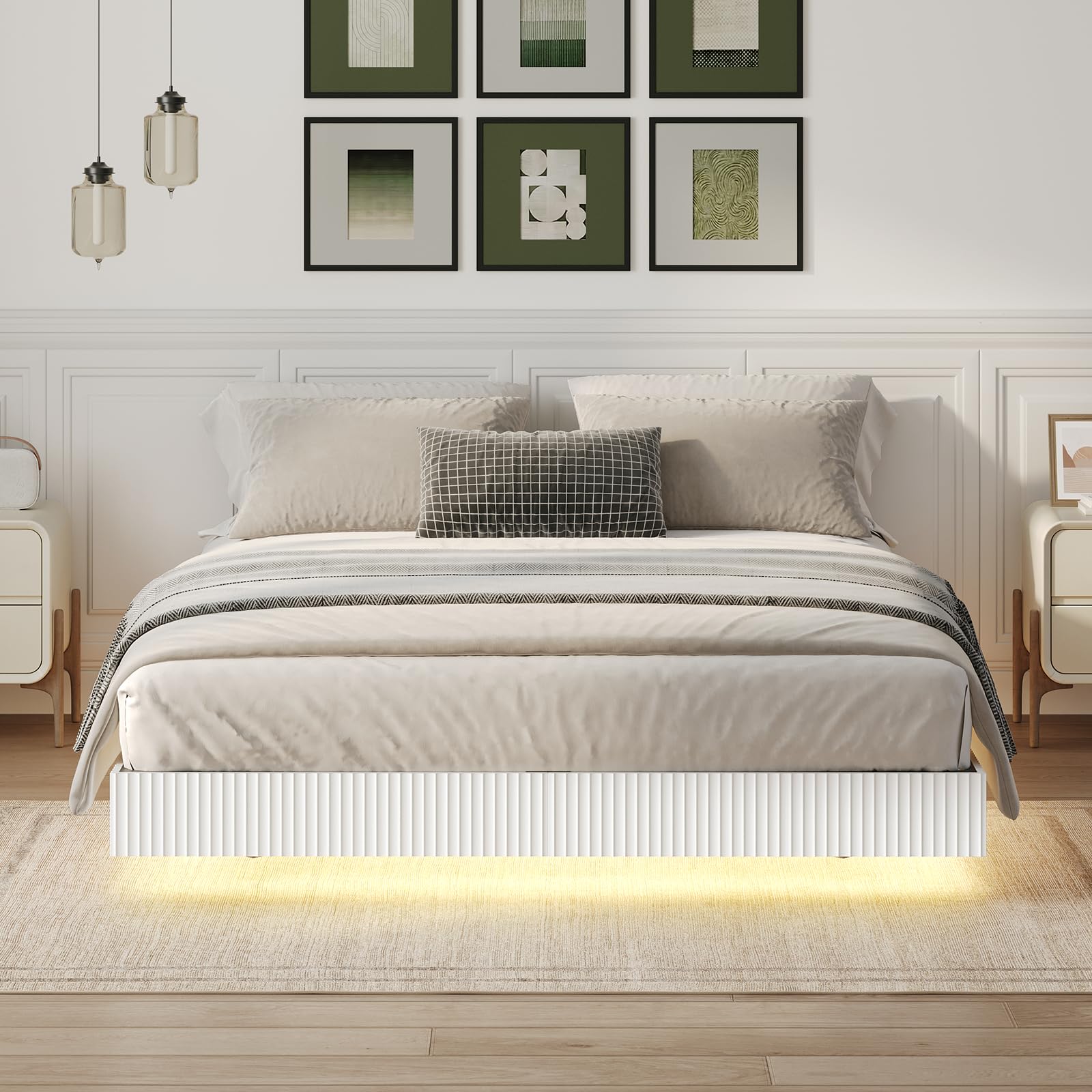 Floating Bed Frame Full Size, Led Bed Frame with Fluted Wavy Panel Design