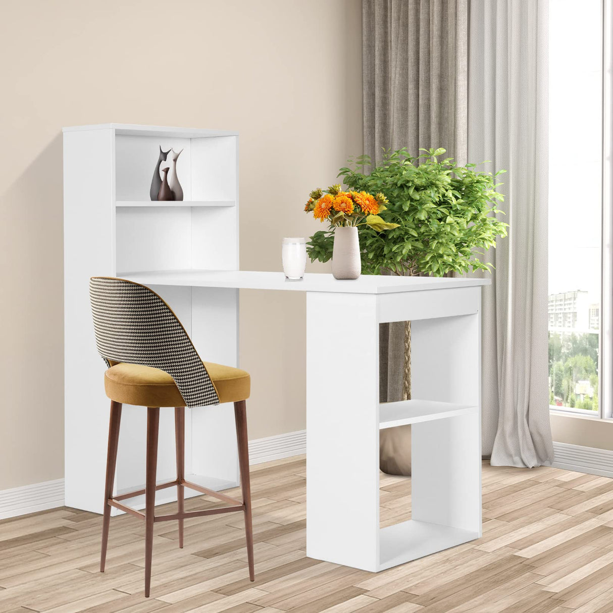 White Computer Desk with Shelves, 48” Study Writing Desk with 6-Tier Storage Shelves,