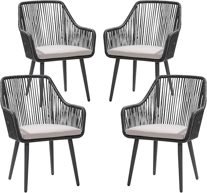 Outdoor Dining Chairs, Patio Dining Chair Set of 2, All-Weather Woven Rope Rattan Chairs