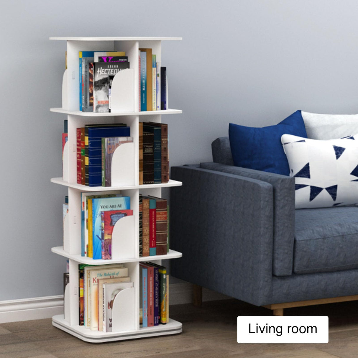 4 Tier Rotating Bookshelf, Square Wooden Bookcase, 360° Display Bookshelf