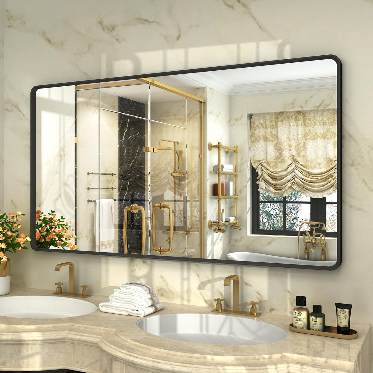 Black Bathroom Vanity Mirror 55x30 Inch - Metal Frame Rectangle Wall Mirror