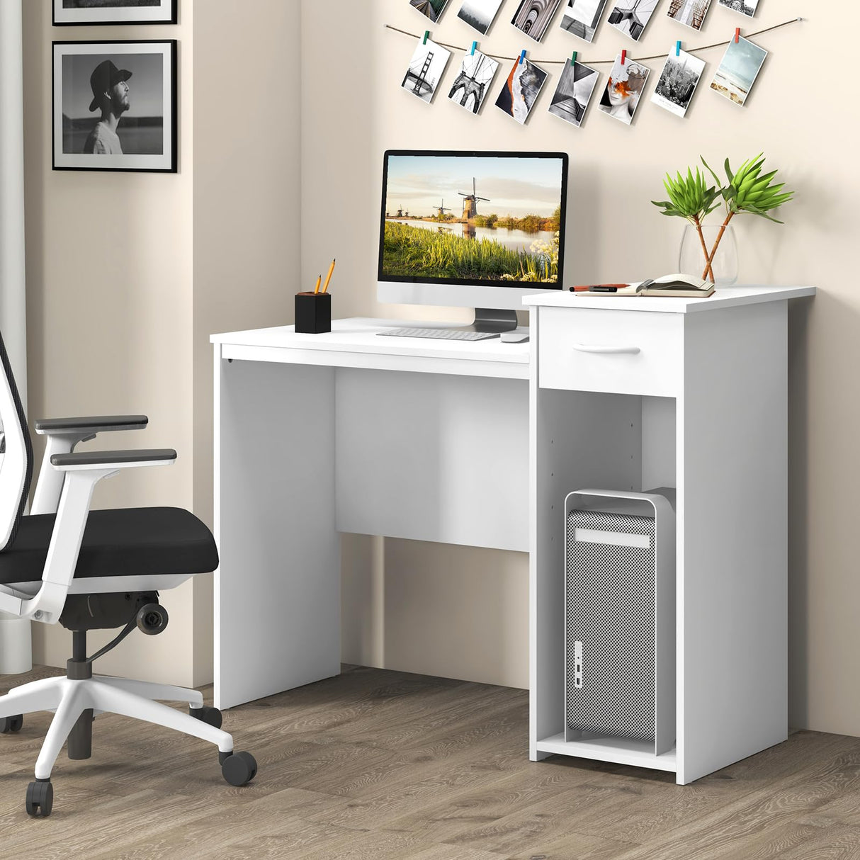 Tangkula White Desk with Drawer, Modern Computer Desk with Adjustable Shelf & Cable Hole, Compact Writing Study Desk, Wooden Computer Workstation for Home or Office, White