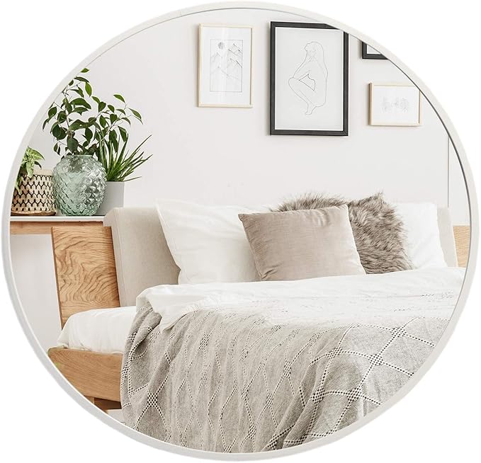 30 Inch Circle Mirror, Silver Large Round Wall Mirror with Metal Brush Framed for