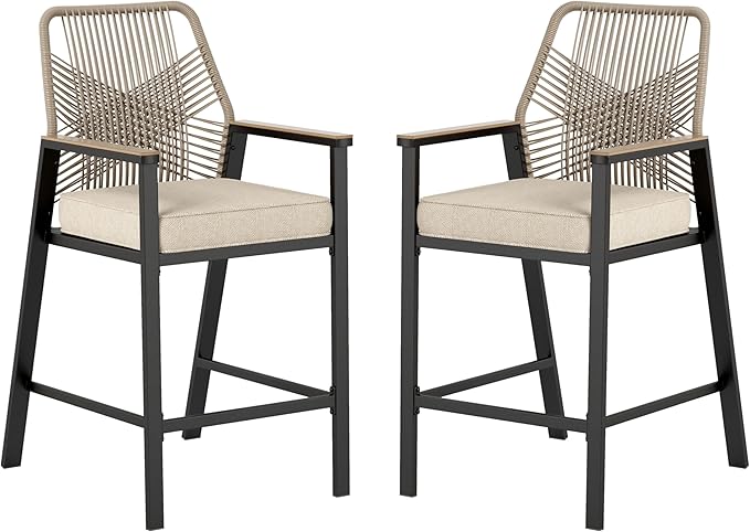 Outdoor Bar Stools Set of 2, 360° Wicker Swivel Bar Stool with Armrest,