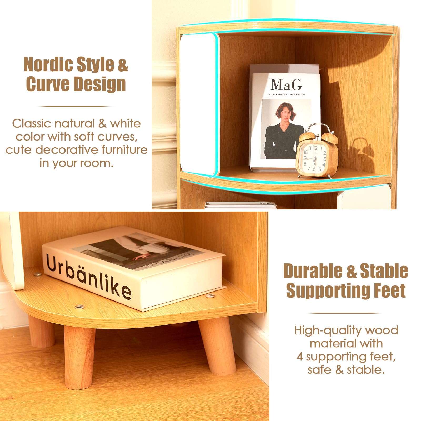 3-Tier Wood Corner Bookshelf, Nordic Style Modern Book Shelf