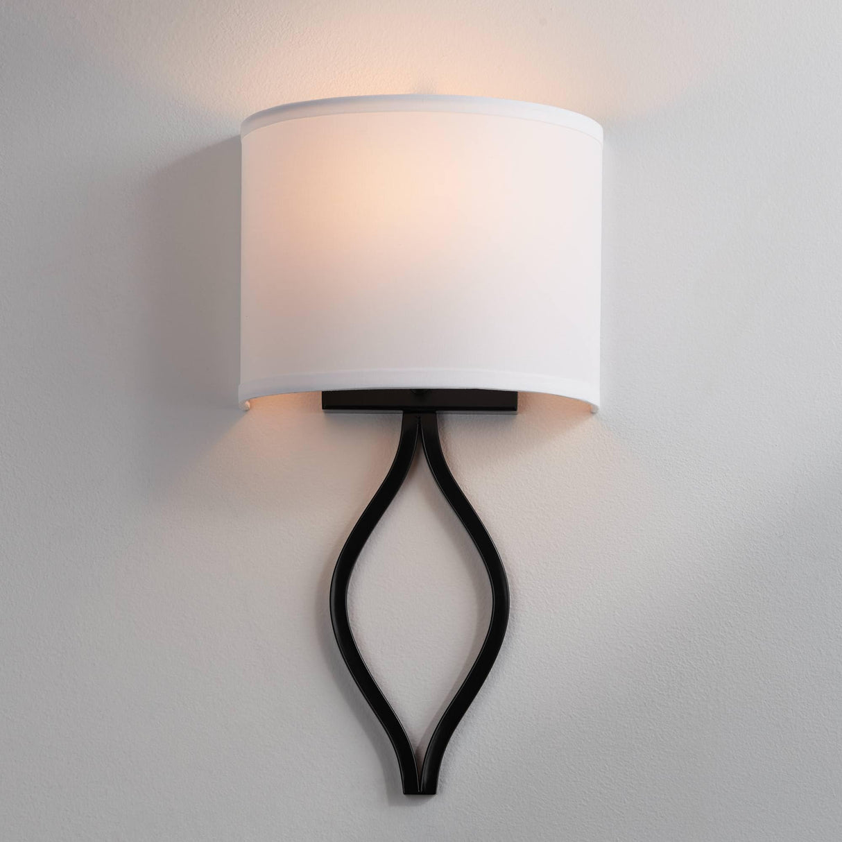 Modern Wall Light Sconce Black Hardwire 10 1/4" Fixture White Linen Halfmoon Hardback Shade