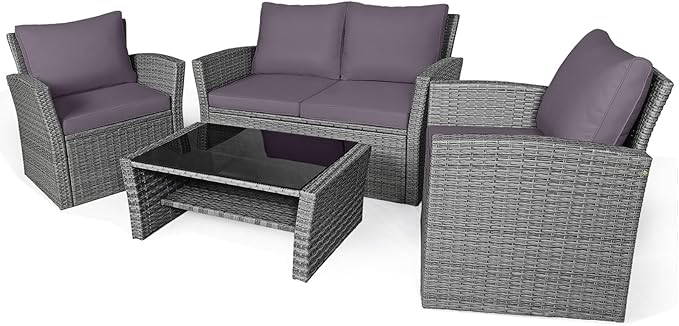 4 Pieces Patio Furniture Set, All Weather Outdoor Sectional Rattan Sofa Set
