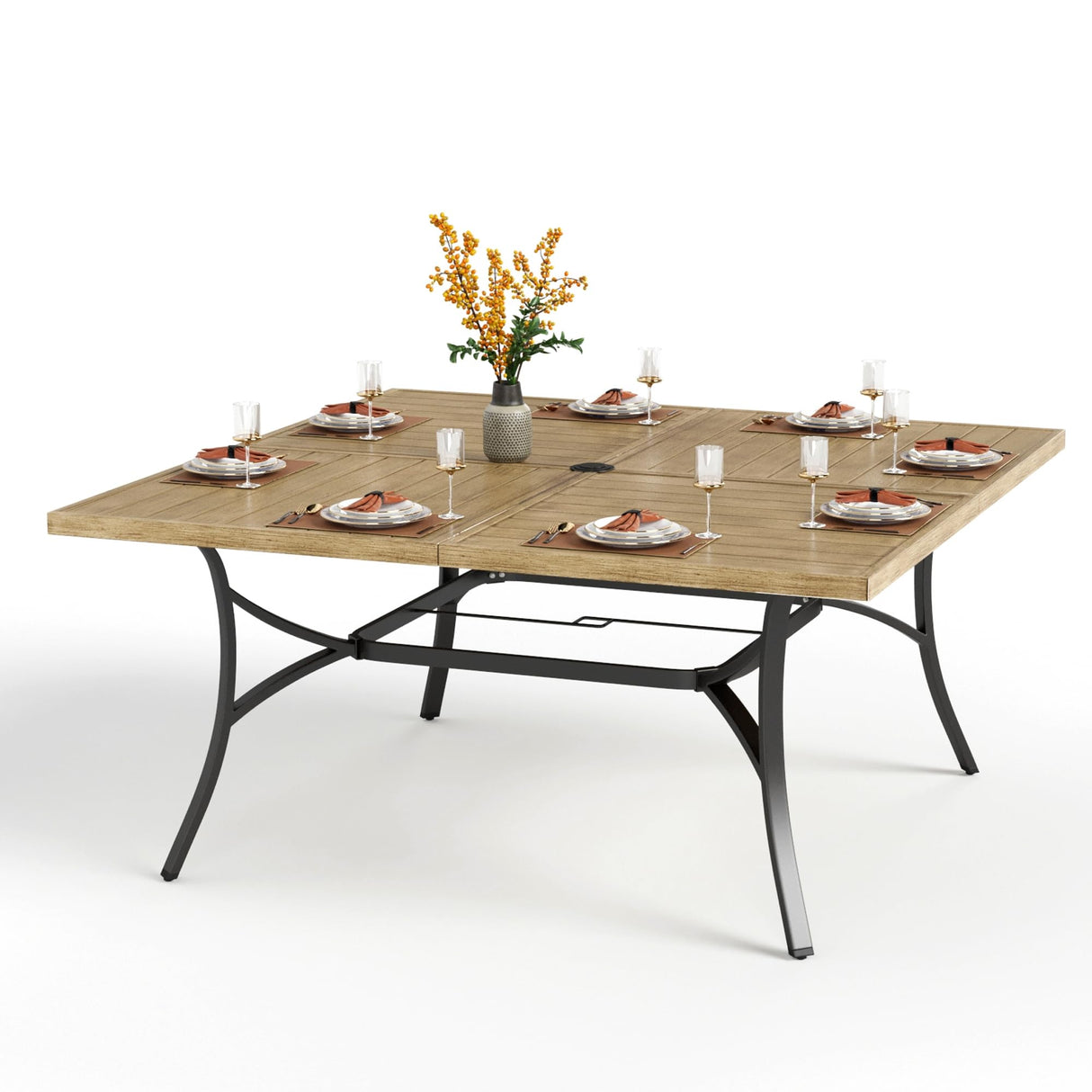 Large Outdoor Patio Table for 8 Person, 60" Square Metal Steel Slat Table with 1.57"-1.9" Adjustable Umbrella Hole, Weather-Resistant Outdoor Dining Table for Deck Backyards, Brown