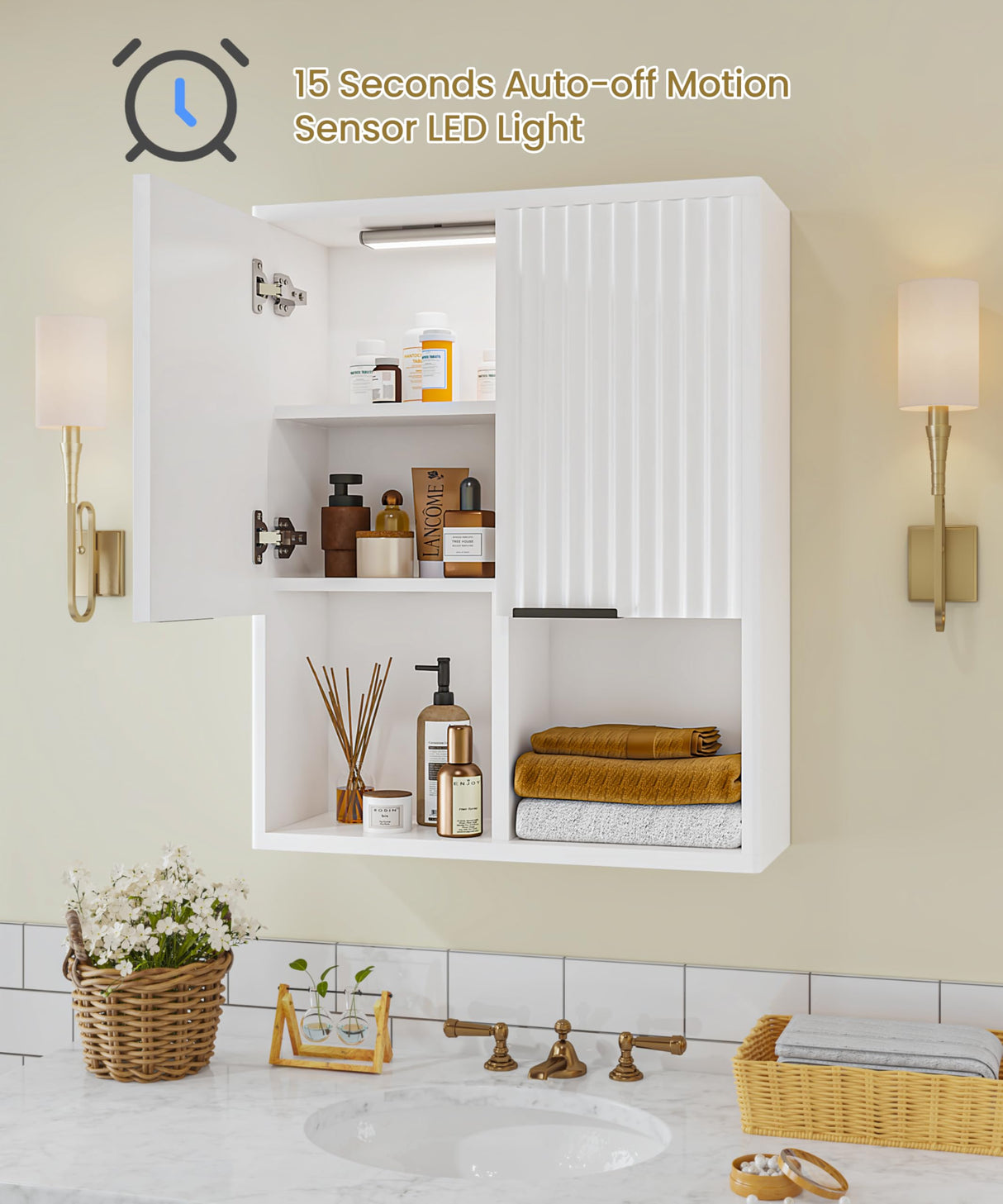 Fluted Bathroom Wall Cabinet with Motion Sensor Light, Curved Profile Wooden Medicine