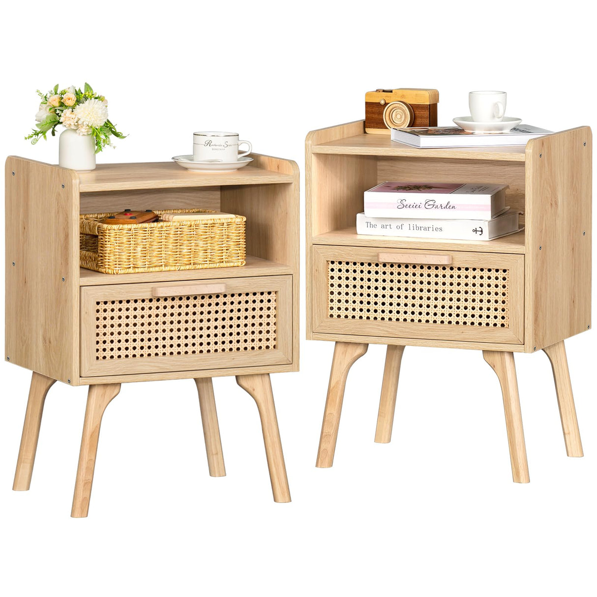 Rattan Nightstands Set of 2, Boho Side Table with Drawer Open Shelf