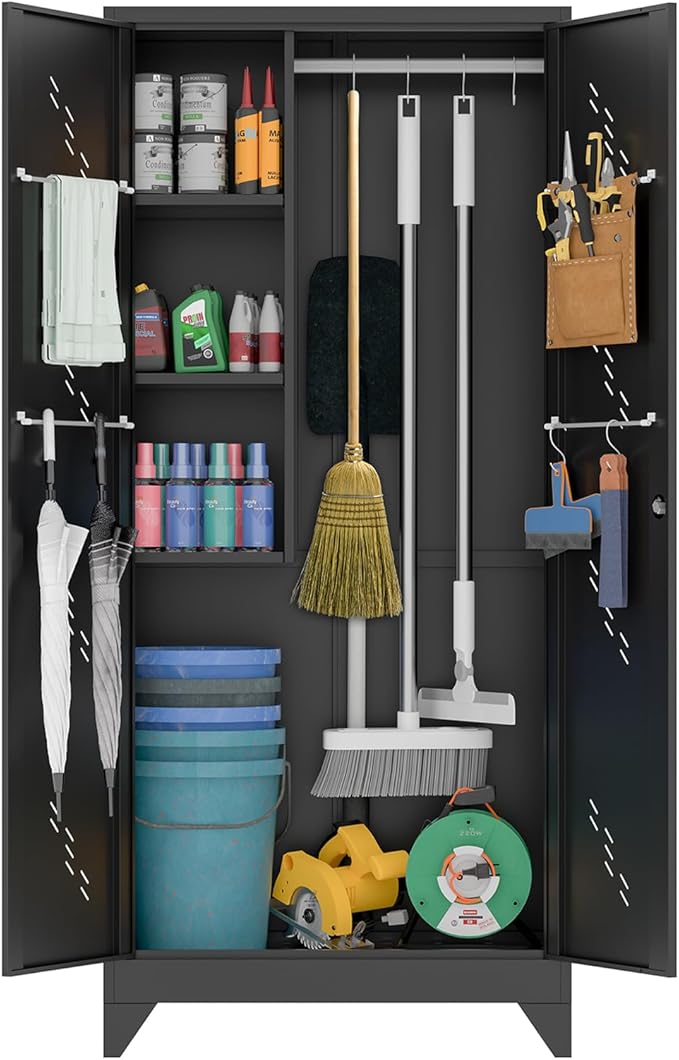 Metal Storage Cabinet with Lock, 71" Garage Storage Cabinet with Hanging Rod & S-Hooks