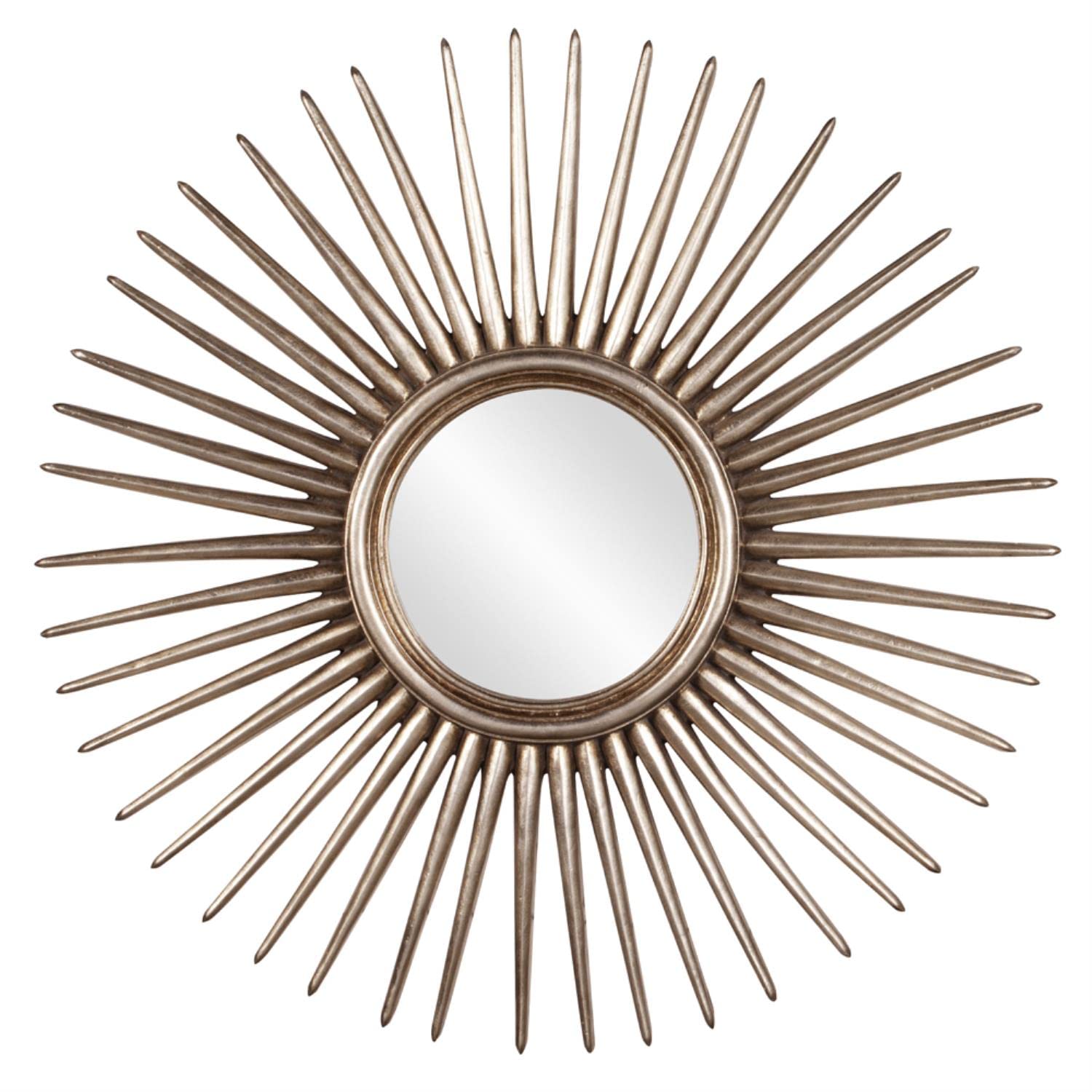 Antique Silver Leaf Finish Sunburst Mirror for Wall, Large Round Decorative Focal Point Glass Mirror